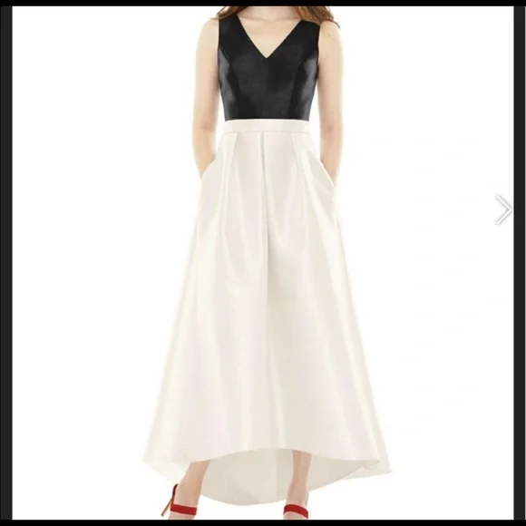 Alfred Sung Ivory and Black High Low Formal Dress